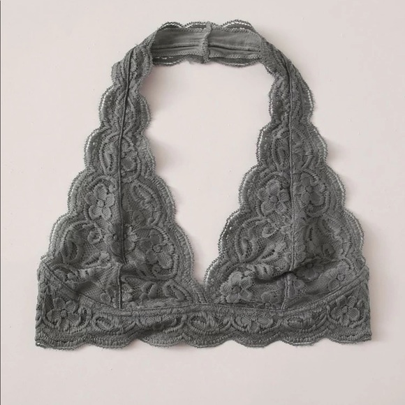 GRAY PLUNGING FLORAL LACE HALTER BRALETTE - Picture 4 of 7